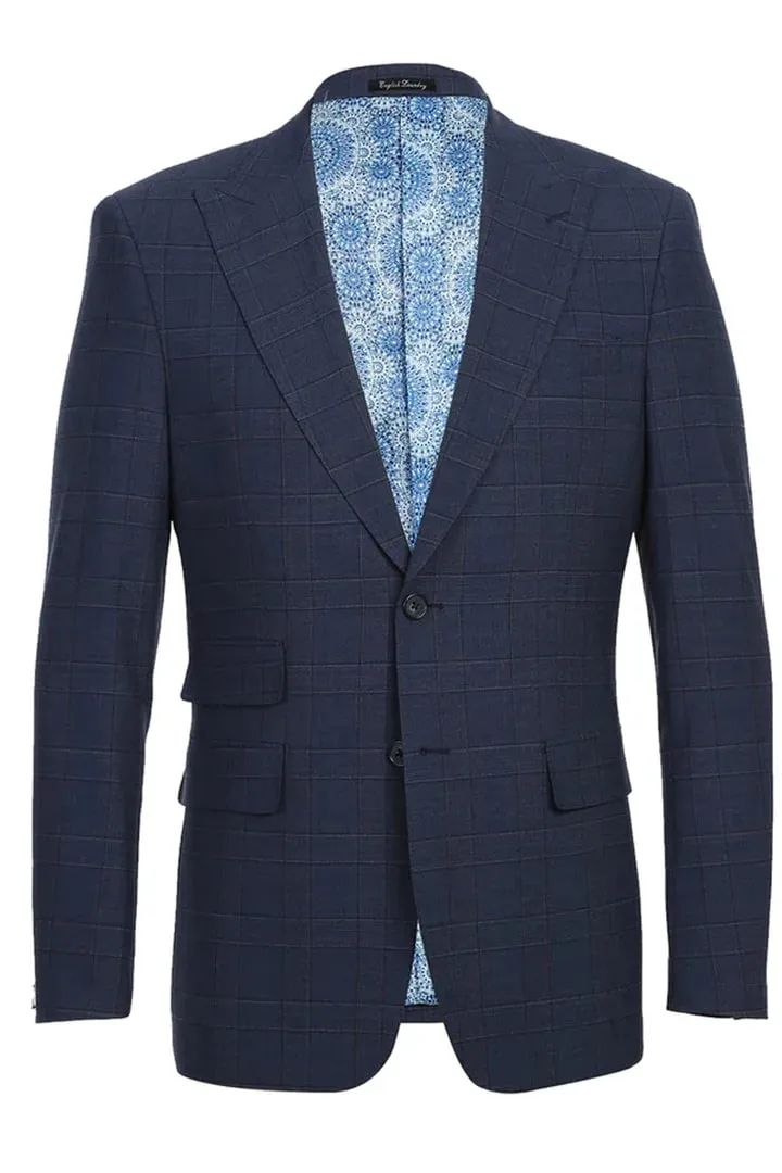 Mens Plaid Suit - Patterned Business Suit - Mens Designer Two Button Slim Fit Peak Lapel Wool Suit In Prussian Blue Windowpane Plaid Check sold by Alberto Nardoni