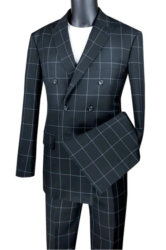 Mens Plaid Suit - Patterned Business Suit -Mens Double Breasted Bold Windowpane Plaid Suit In Black sold by Alberto Nardoni
