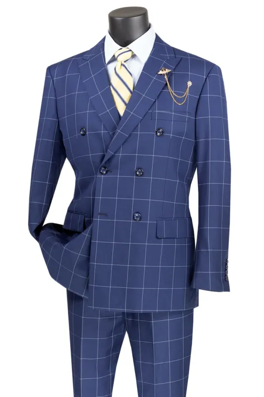 Mens Plaid Suit - Patterned Business Suit - Mens Double Breasted Bold Windowpane Plaid Suit In Blue sold by Alberto Nardoni