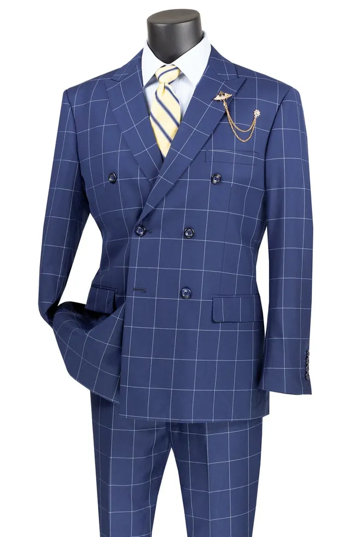 Mens Plaid Suit - Patterned Business Suit - Mens Double Breasted Bold Windowpane Plaid Suit In Blue sold by Alberto Nardoni