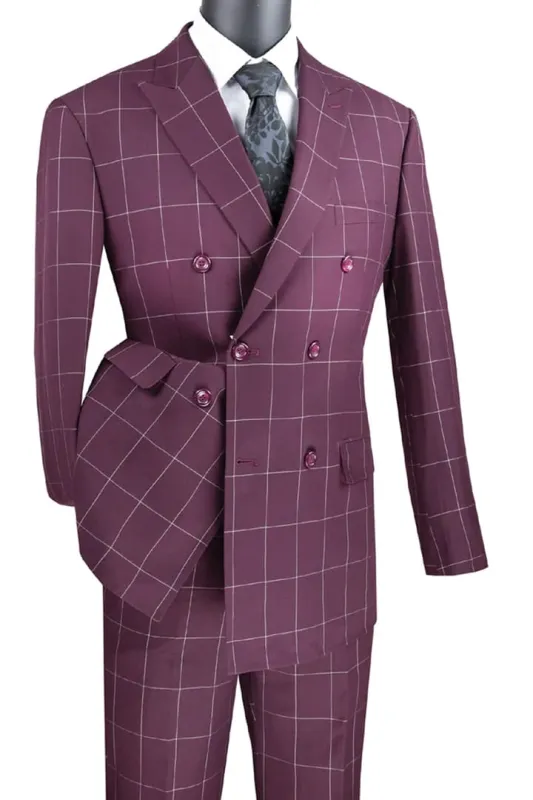 Mens Plaid Suit - Patterned Business Suit - Mens Double Breasted Bold Windowpane Plaid Suit In Burgundy sold by Alberto Nardoni