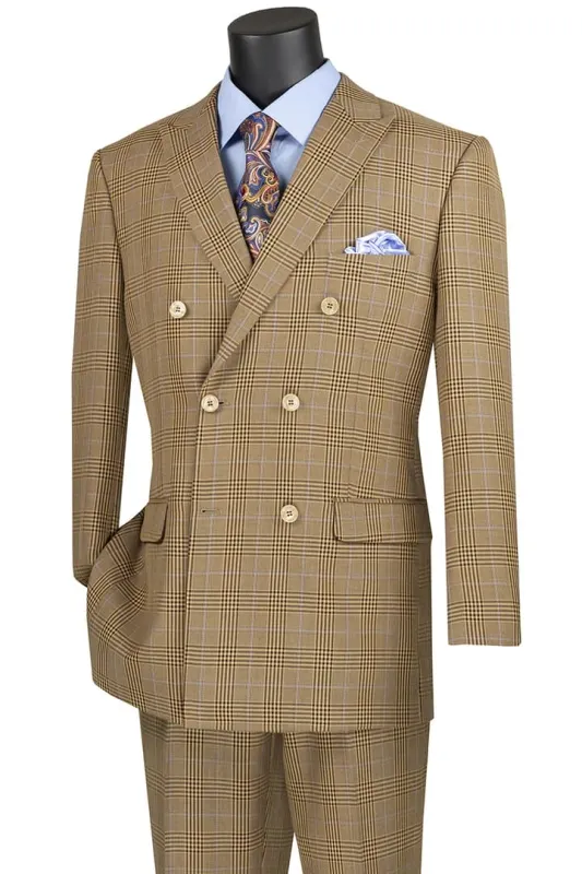 Mens Plaid Suit - Patterned Business Suit -Mens Double Breasted Windowpane Plaid Suit In Mocha Light Brown sold by Alberto Nardoni