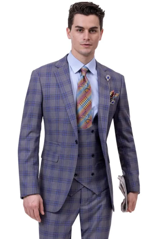 Mens Plaid Suit - Patterned Business Suit - Mens Modern One Button Vested Fashion Suit In Grey & Navy Blue Windowpane Plaid sold by Alberto Nardoni