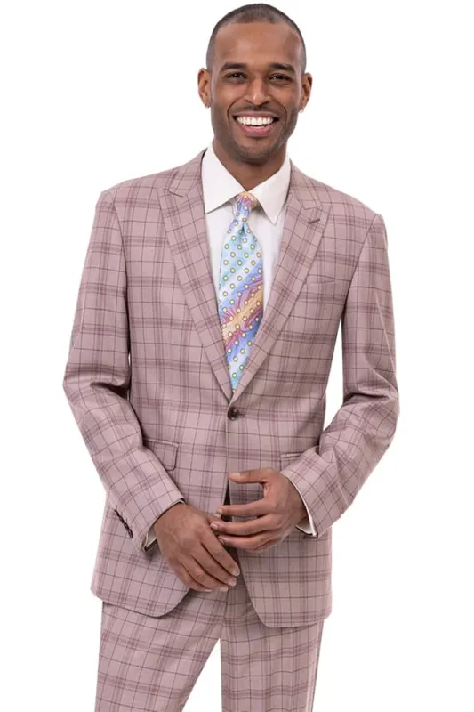 Mens Plaid Suit - Patterned Business Suit - Mens One Button Peak Lapel Fashion Suit In Tan Windowpane Plaid sold by Alberto Nardoni