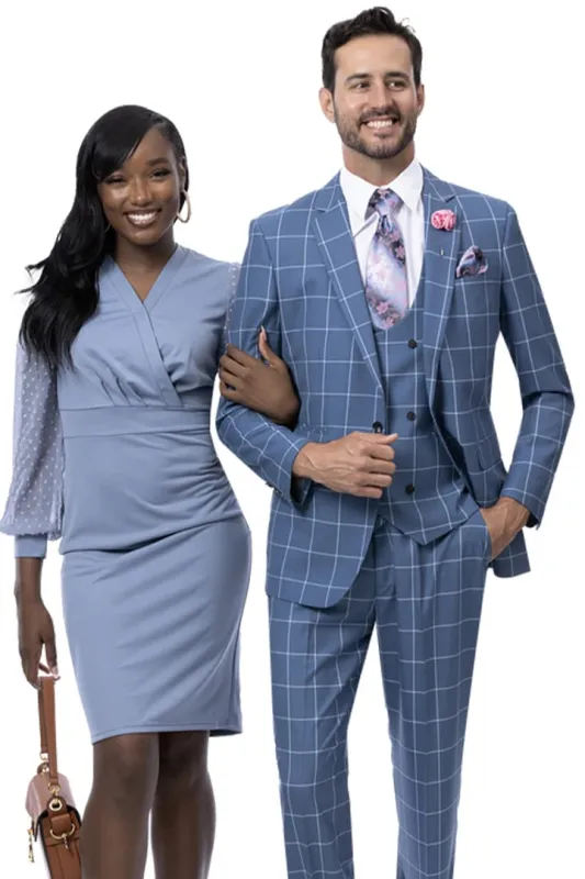 Mens Plaid Suit - Patterned Business Suit - Mens One Button Fashion Vested Suit In Teal Blue Windowpane Plaid sold by Alberto Nardoni
