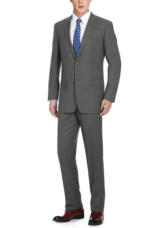 Mens Plaid Suit - Patterned Business Suit - Mens Two Button Classic Fit Two Piece Suit In Grey Windowpane Plaid sold by Alberto Nardoni
