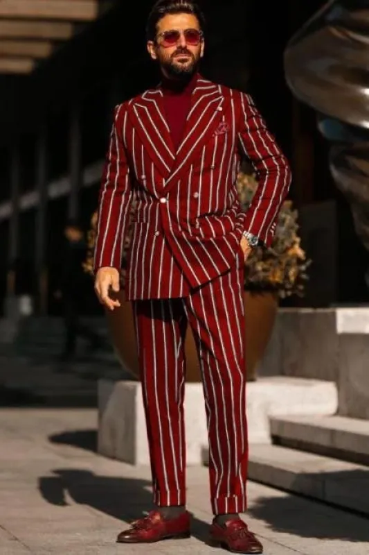Burgundy Pinstripe Suit - Mens 1920s Gangster Pinstripe Suit - Side Vents Chalk Pinstripe sold by Alberto Nardoni