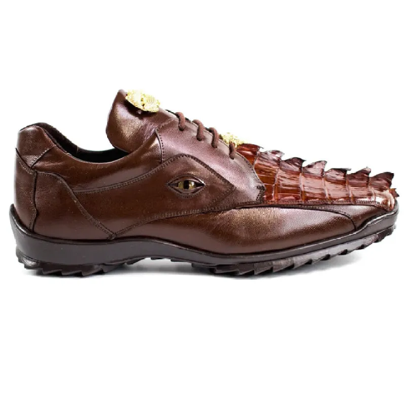Men's Belvedere Vasco Calf & Crocodile Hornback Tail Sneaker in Tabac Brown sold by Alberto Nardoni