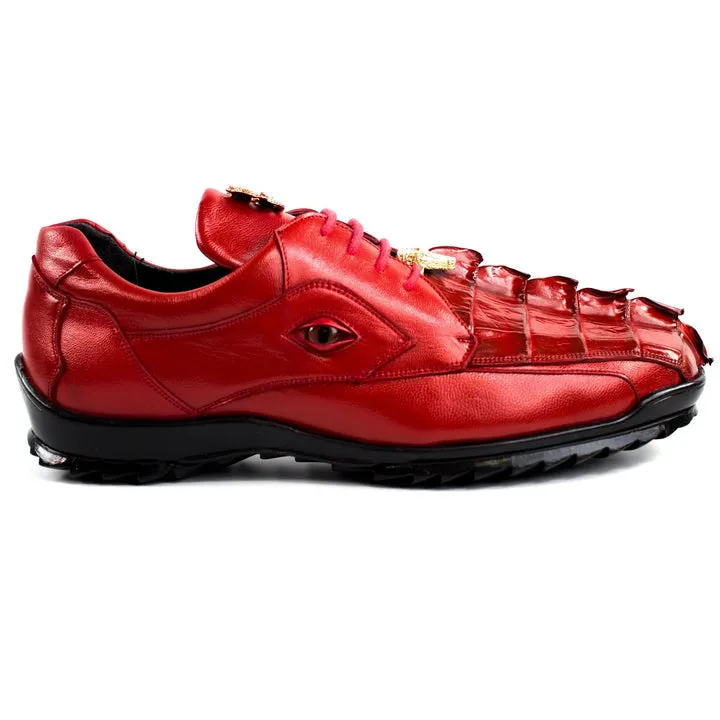 Men's Belvedere Vasco Calf & Crocodile Hornback Tail Sneaker in Red sold by Alberto Nardoni