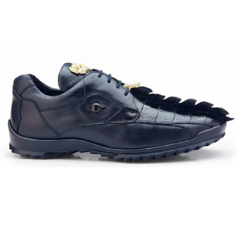 Men's Belvedere Vasco Calf & Crocodile Hornback Tail Sneaker in Night Blue sold by Alberto Nardoni
