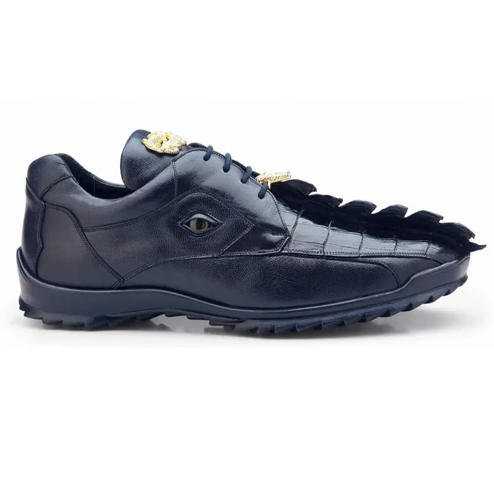 Men's Belvedere Vasco Calf & Crocodile Hornback Tail Sneaker in Night Blue sold by Alberto Nardoni