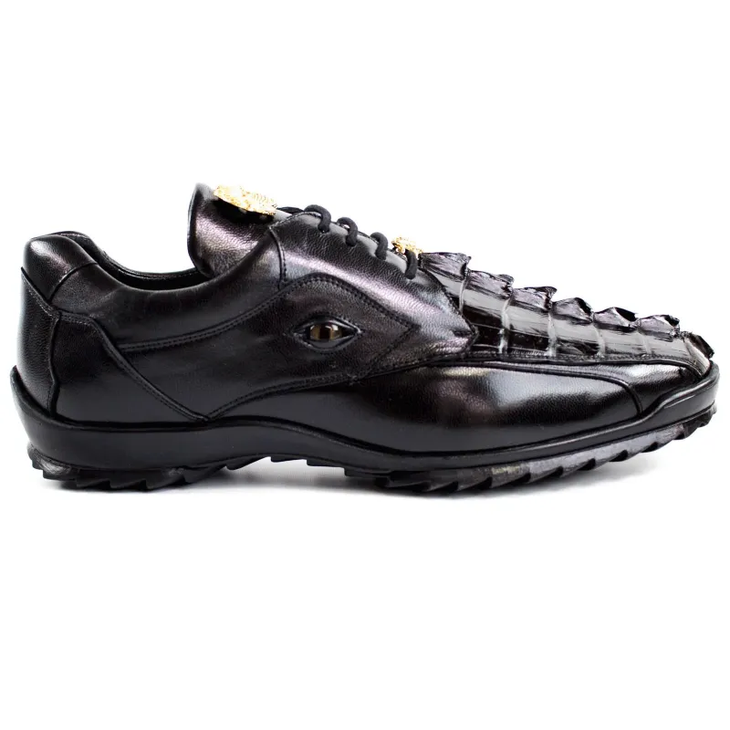 Men's Belvedere Vasco Calf & Crocodile Hornback Tail Sneaker in Black sold by Alberto Nardoni