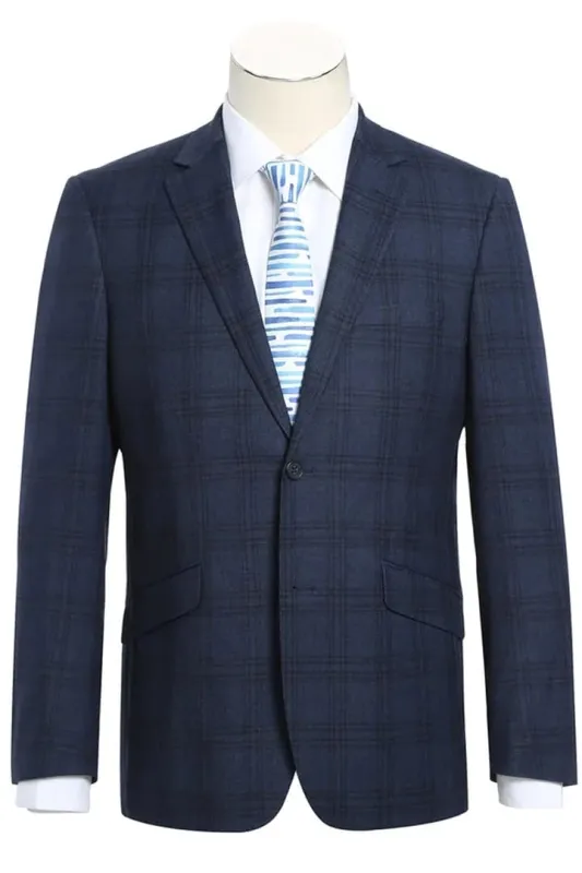 Mens Plaid Suit - Patterned Business Suit - Mens Two Button Slim Fit Two Piece Hack Pocket Stretch Suit In Navy Blue Windowpane Plaid sold by Alberto Nardoni