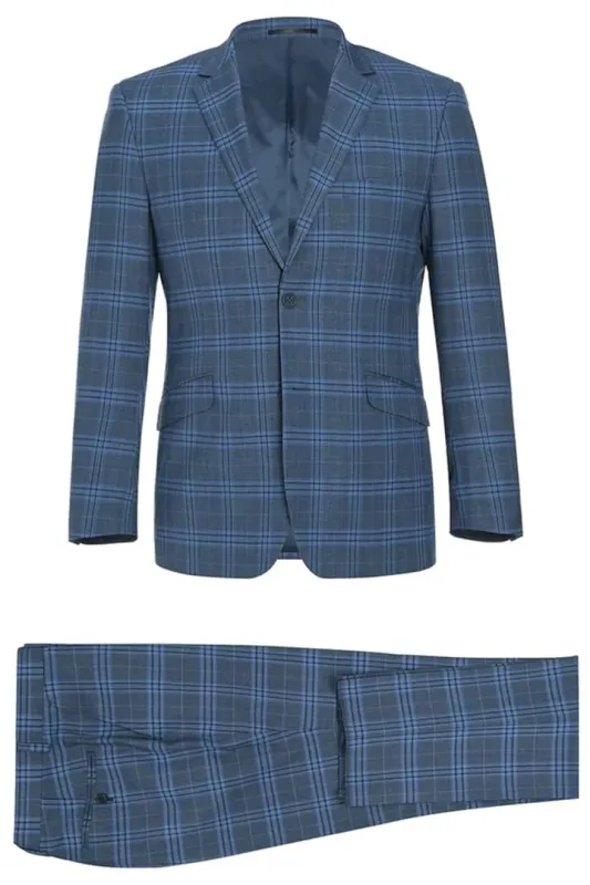 Mens Plaid Suit - Patterned Business Suit - Mens Two Button Slim Fit Two Piece Suit In Blue Windowpane Plaid sold by Alberto Nardoni