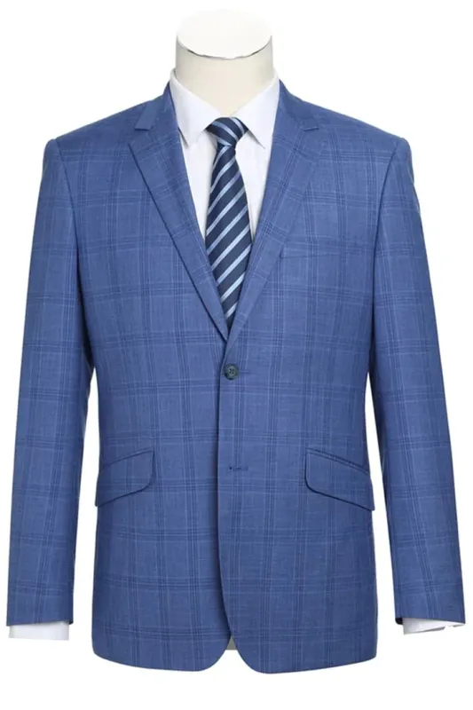 Mens Plaid Suit - Patterned Business Suit - Mens Two Button Slim Fit Two Piece Suit In Light Blue Windowpane Plaid sold by Alberto Nardoni