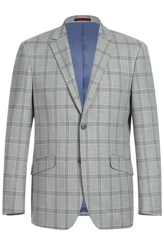 Mens Plaid Suit - Patterned Business Suit - Mens Two Button Slim Fit Two Piece Suit In Light Grey & Blue Windowpane Plaid sold by Alberto Nardoni