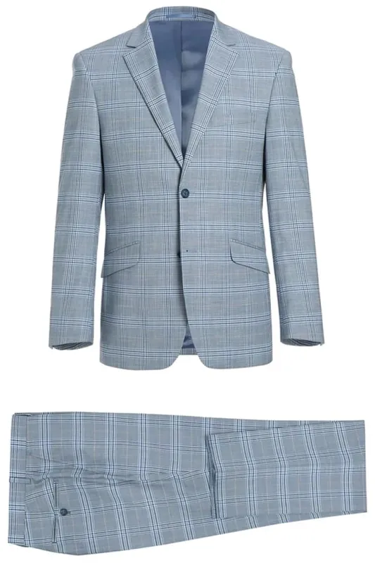 Mens Plaid Suit - Patterned Business Suit - Mens Two Button Slim Fit Two Piece Suit In Sky Blue Windowpane Plaid sold by Alberto Nardoni