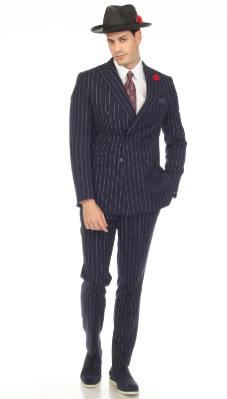 Newbury Navy White Mens 6 Button Slim Peak Lapel Suit With Double Breasted Suit Pick Stitching Ticket Pocket sold by Alberto Nardoni