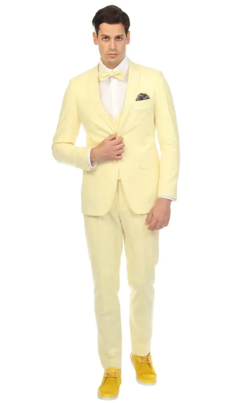Cotton Slim Fit Yellow Notch Lapel 2 Button Seersucker Suit Vest Optional sold by Alberto Nardoni