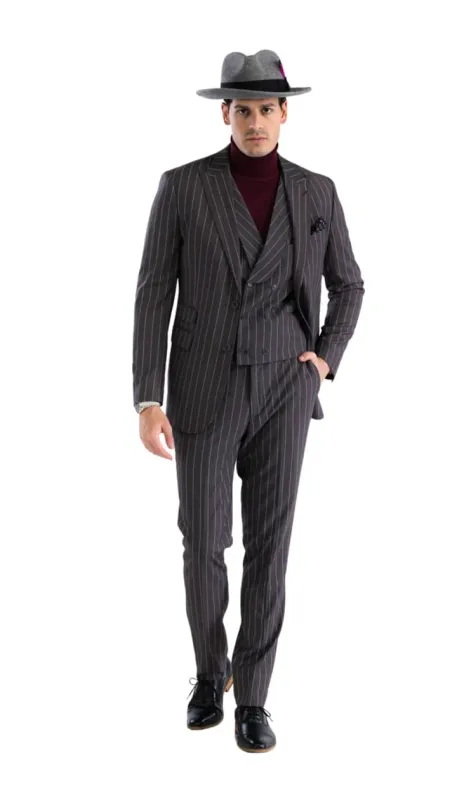 Bellagio Grey White Mens 2 Button Slim Peak Lapel Suit With Pick Stiching Ticket Pocket Double Breasted Vest With Shawl Lapel made by Alberto Nardoni