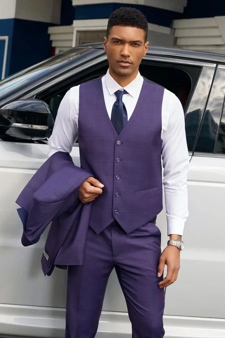 Cheap Purple Suit For Men - Church Suit - Men's Stacy Adam's Two Button Vested Business Dark Purple Plaid Suit sold by Alberto Nardoni product image thumbnail 2