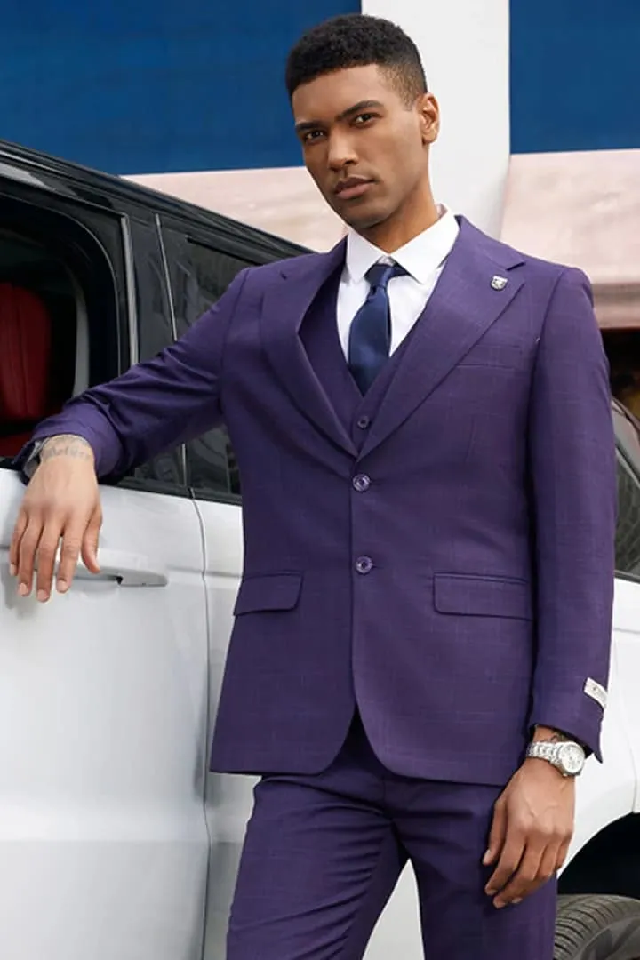 Cheap Purple Suit For Men - Church Suit - Men's Stacy Adam's Two Button Vested Business Dark Purple Plaid Suit sold by Alberto Nardoni product image thumbnail 3