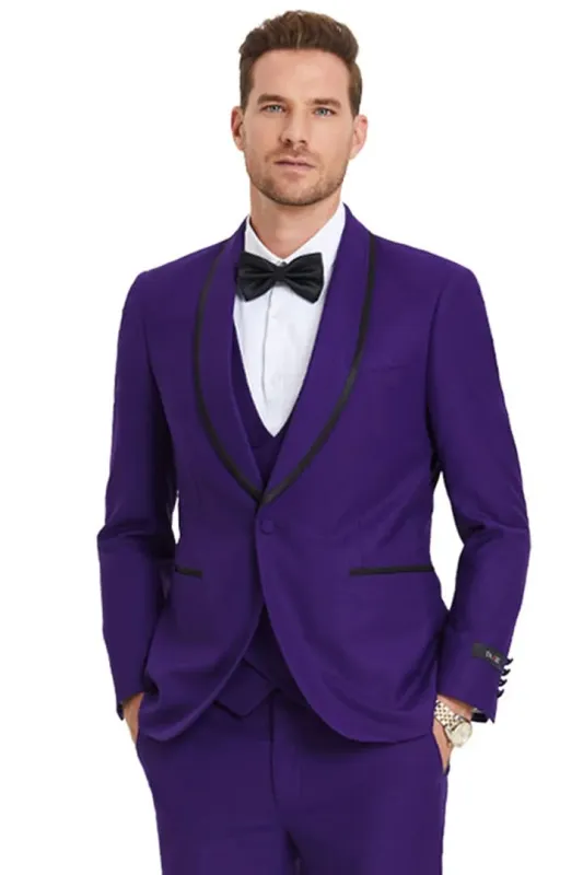 Purple Suit For Men - Church Suit - Men's One Button Vested Shawl Tuxedo in Purple Birdseye with Black Satin Trim made by Alberto Nardoni
