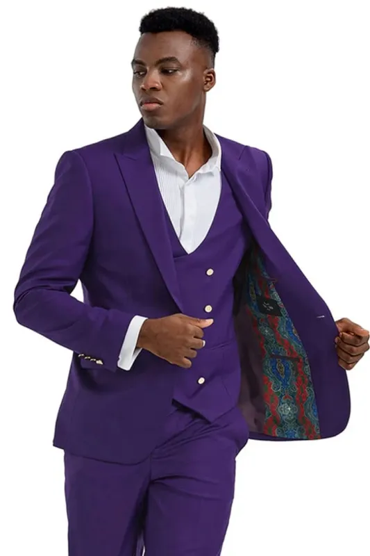Purple Suit For Men - Church Suit - Men's One Button Peak Lapel Vested Suit With Purple Gold Buttons made by Alberto Nardoni