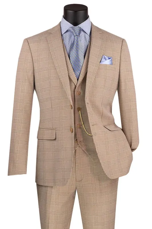 Plaid Suit - Windowpane Suit - Checkered Suit - Mens Vested Beige Suit sold by Alberto Nardoni