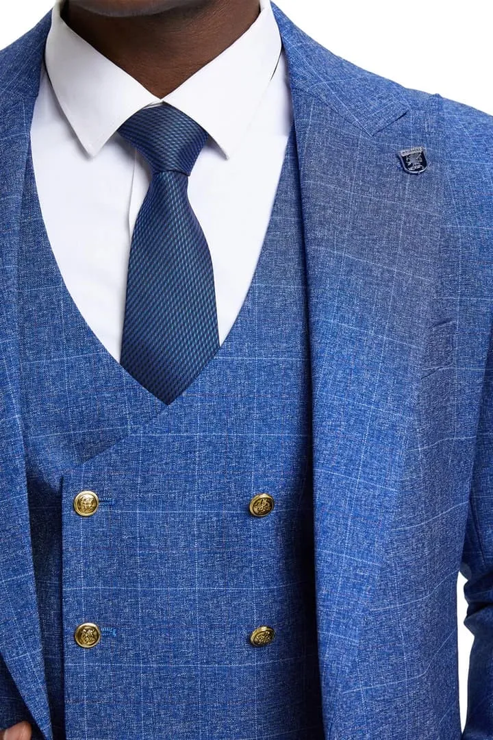 Plaid Suit - Windowpane Suit - Checkered Suit - Mens Vested Navy Hybrid Fit Suit sold by Alberto Nardoni product image thumbnail 3