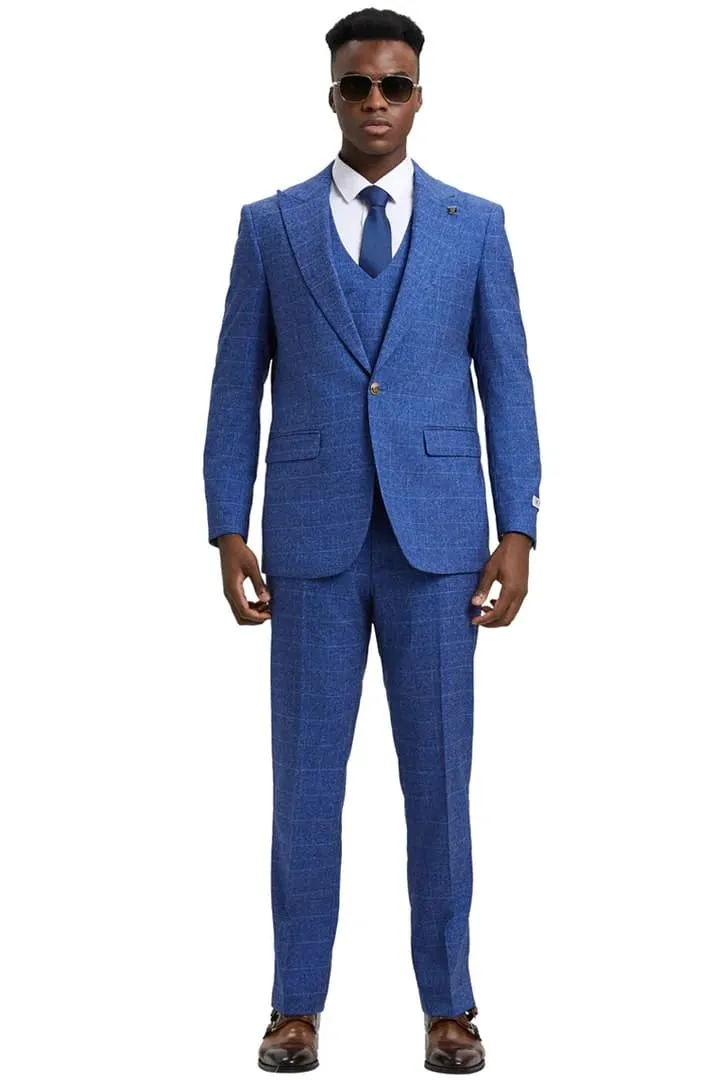 Plaid Suit - Windowpane Suit - Checkered Suit - Mens Vested Navy Hybrid Fit Suit sold by Alberto Nardoni product image thumbnail 4