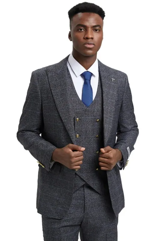 Plaid Suit - Windowpane Suit - Checkered Suit - Mens Vested Charcoal Suit sold by Alberto Nardoni