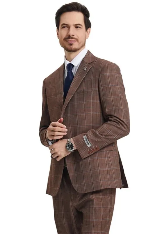 Plaid Suit - Windowpane Suit - Checkered Suit - Mens Vested Brown Suit sold by Alberto Nardoni