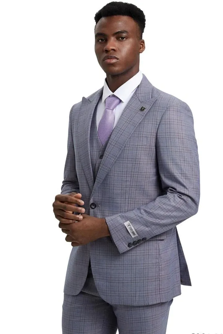 Plaid Suit - Windowpane Suit - Checkered Suit - Mens Vested Light Grey Suit sold by Alberto Nardoni