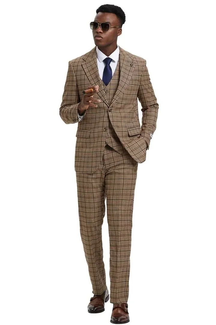 Plaid Suit - Windowpane Suit - Checkered Suit - Mens Vested Camel Suit sold by Alberto Nardoni product image thumbnail 4