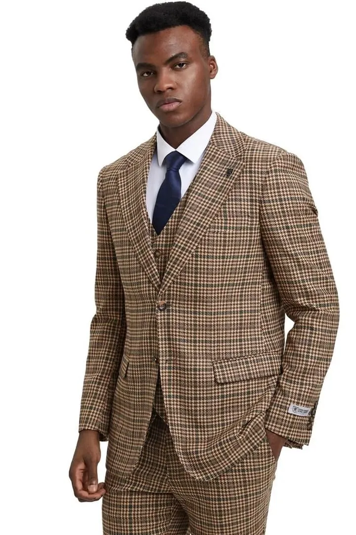 Plaid Suit - Windowpane Suit - Checkered Suit - Mens Vested Camel Suit sold by Alberto Nardoni