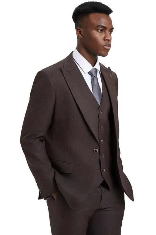 Plaid Suit - Windowpane Suit - Checkered Suit - Mens Vested   Brown Suit sold by Alberto Nardoni