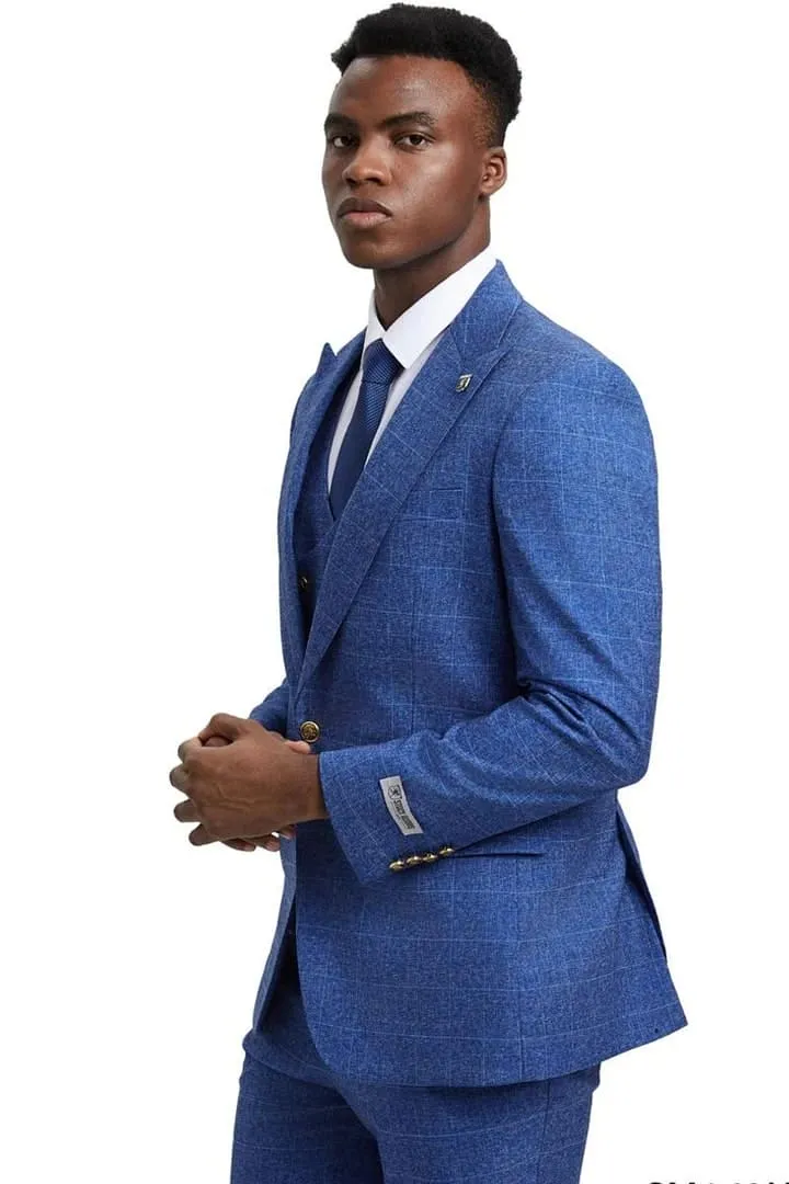 Plaid Suit - Windowpane Suit - Checkered Suit - Mens Vested Blue Suit sold by Alberto Nardoni product image thumbnail 5