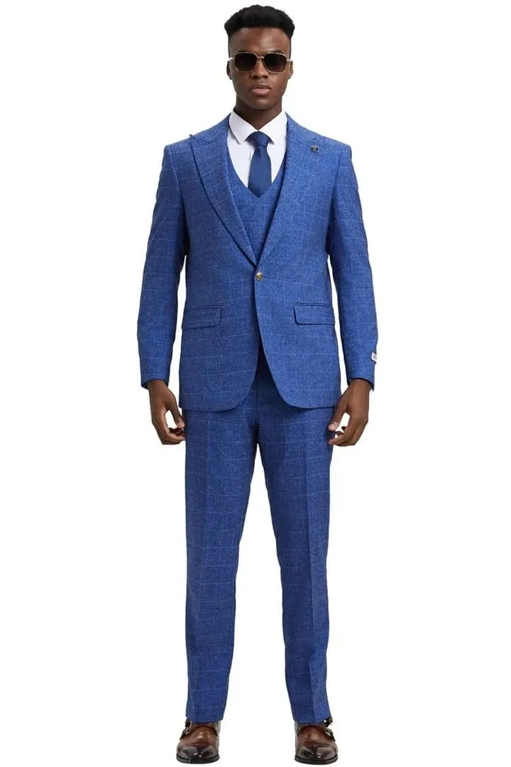 Plaid Suit - Windowpane Suit - Checkered Suit - Mens Vested Blue Suit sold by Alberto Nardoni product image thumbnail 3