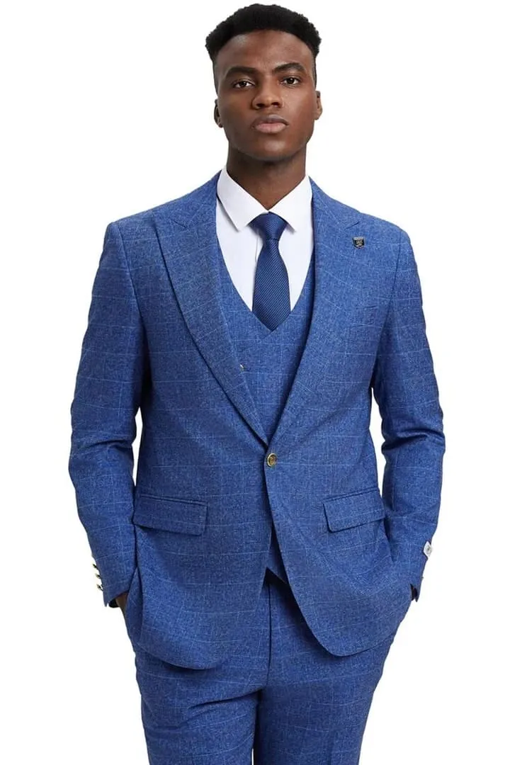 Plaid Suit - Windowpane Suit - Checkered Suit - Mens Vested Blue Suit sold by Alberto Nardoni