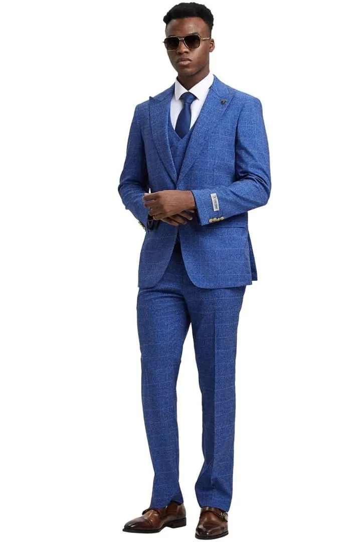 Plaid Suit - Windowpane Suit - Checkered Suit - Mens Vested Blue Suit sold by Alberto Nardoni product image thumbnail 2