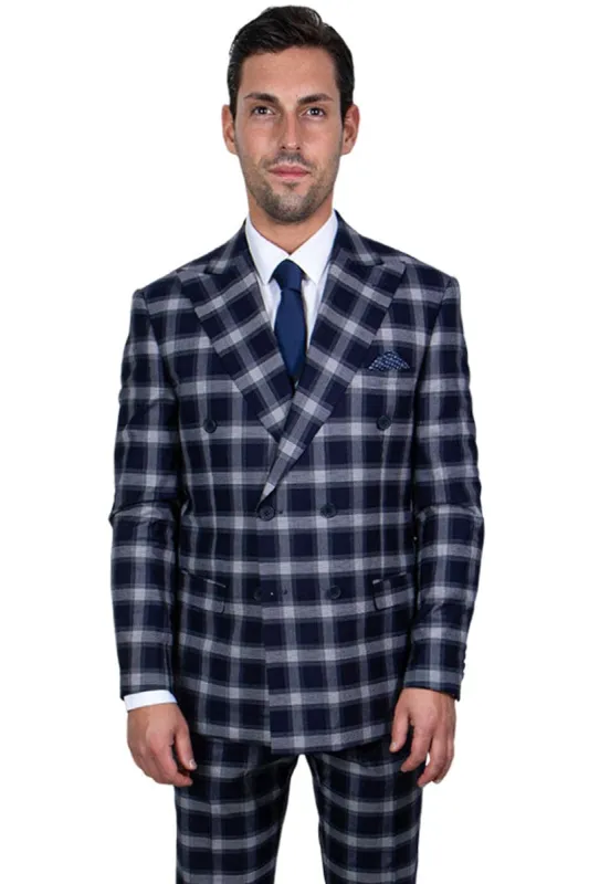 Mens Stacy Adams Suit - Stacy Adams Suit Men's Double Breasted Navy Plaid Suit made by Alberto Nardoni