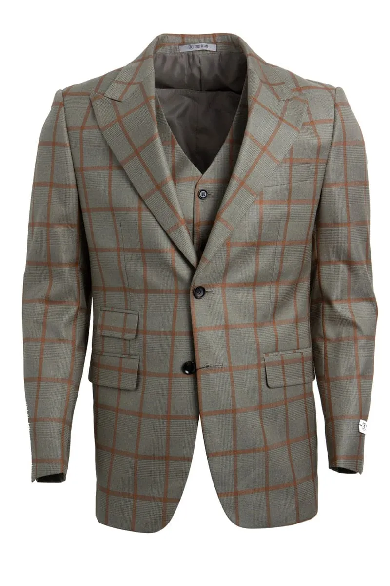 Mens Stacy Adams Suit - Stacy Adams Suit Men's Vested Suit - Tan & Gold Windowpane Plaid, One Button Peak Lapel sold by Alberto Nardoni product image thumbnail 2