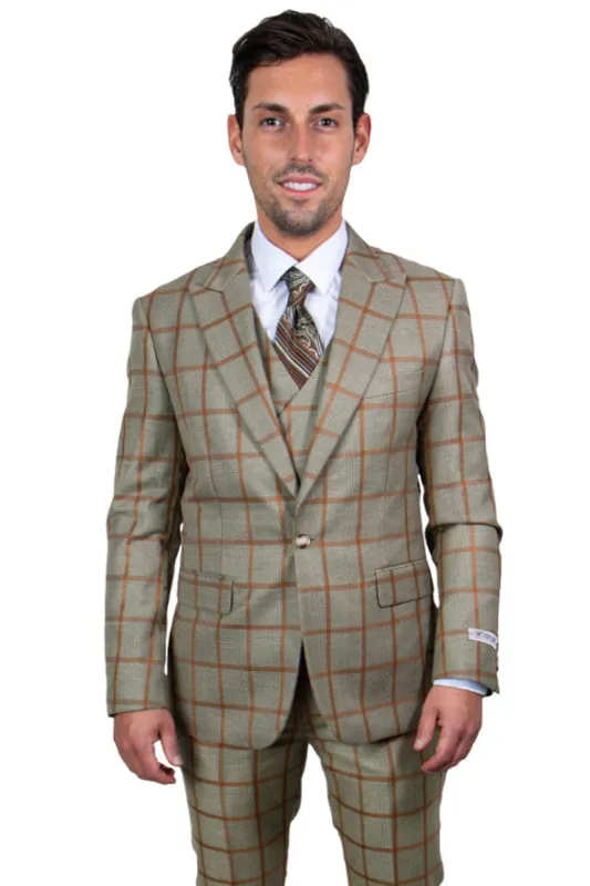 Mens Stacy Adams Suit - Stacy Adams Suit Men's Vested Suit - Tan & Gold Windowpane Plaid, One Button Peak Lapel sold by Alberto Nardoni