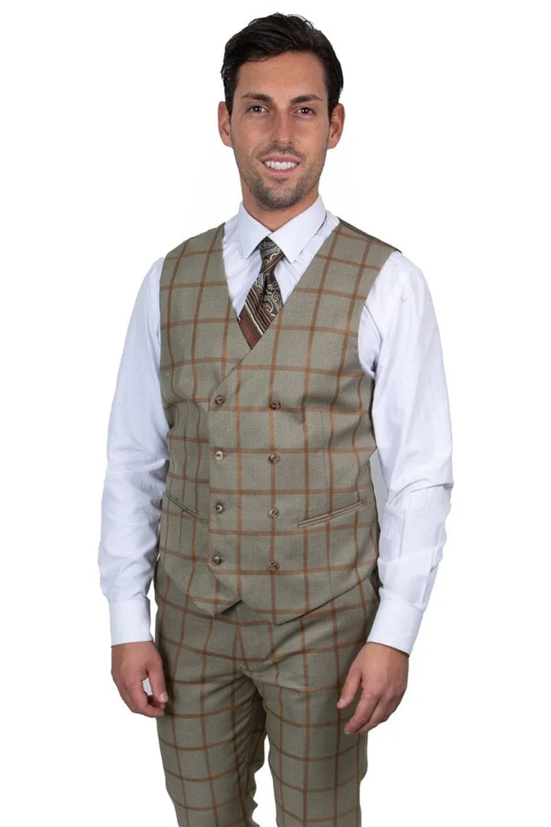 Mens Stacy Adams Suit - Stacy Adams Suit Men's Vested Suit - Tan & Gold Windowpane Plaid, One Button Peak Lapel sold by Alberto Nardoni product image thumbnail 3