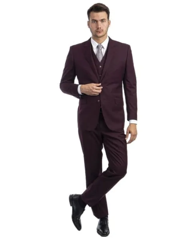 Burgundy Wool Modern Fit 3 Piece 2 Button Suit sold by Alberto Nardoni