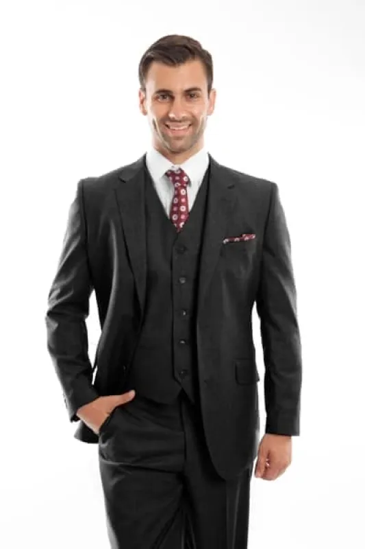 Black Wool Modern Fit 3 Piece 2 Button Suit sold by Alberto Nardoni