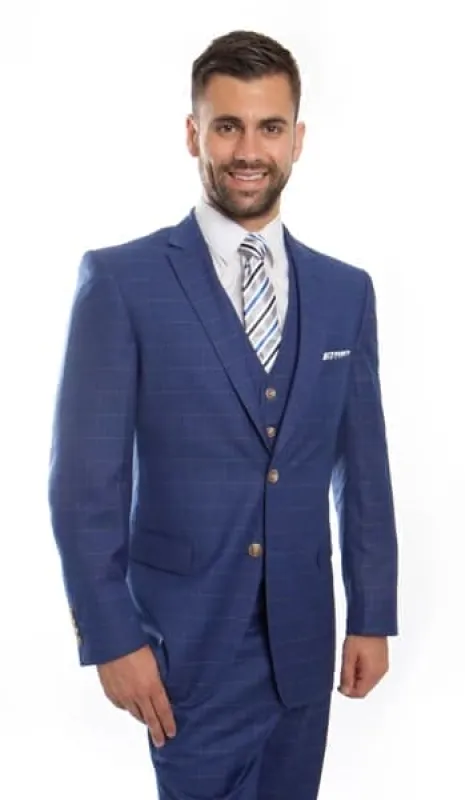 Blue Wool Windowpane Vested 2 Button Suit sold by Alberto Nardoni