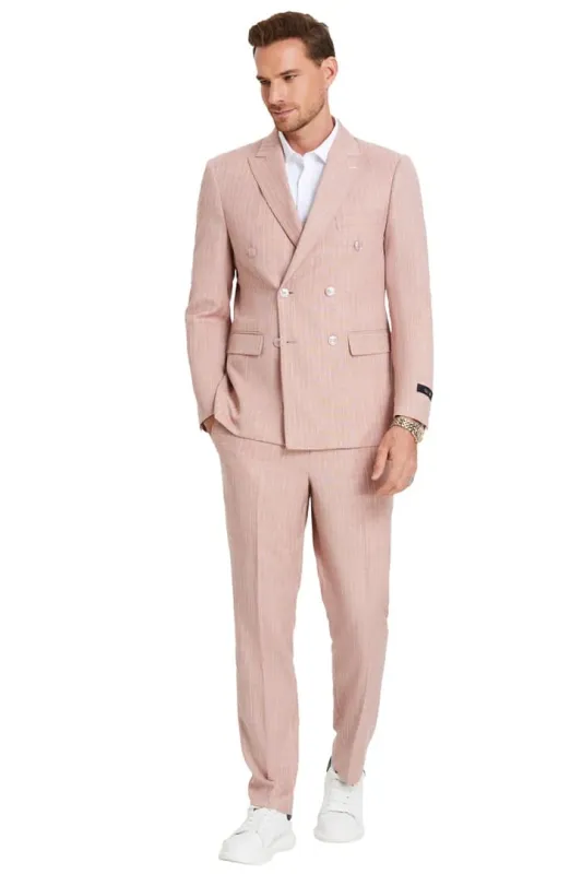 Men's Slim Fit Double Breasted Summer Pinstripe Rose Pink Suit sold by Alberto Nardoni
