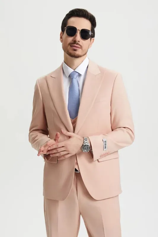 Men's Vested One Button Peak Lapel Stacy Adams Designer Blush Pink Suit sold by Alberto Nardoni